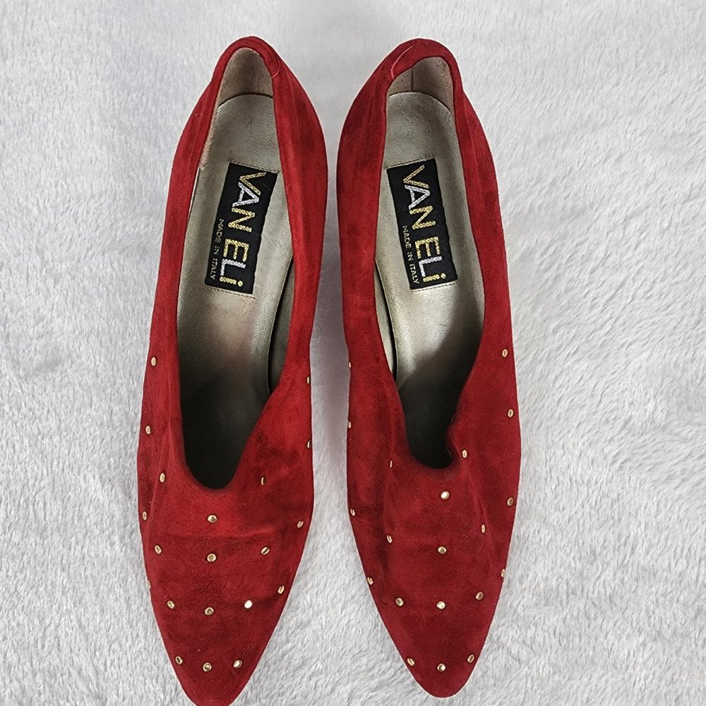 Vaneli Vintage Red and Gold Suede Leather Kitten Heel Pointed Toe Slip On Pumps - Picture 5 of 7